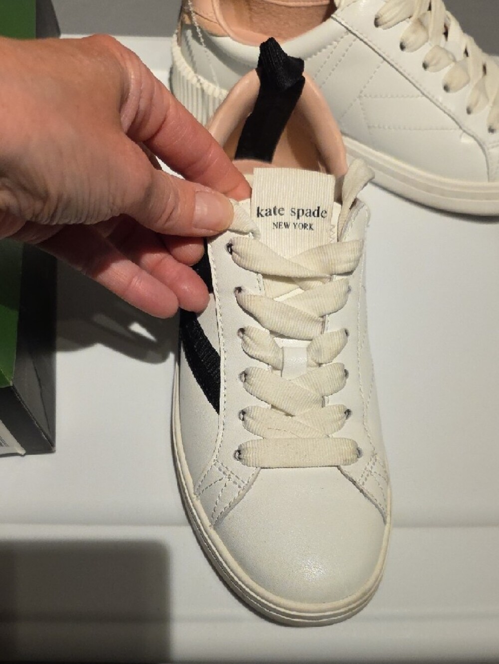 kate spade White Leather Sneakers with Black Side Stripe and Blush Lining - Picture 4 of 15